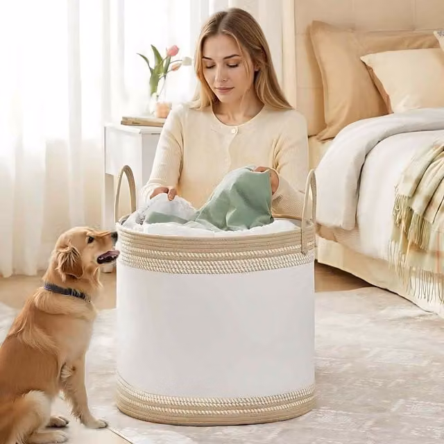 The Bazaarist Cotton Rope Clothes Basket with Handles, White and Camel Brown