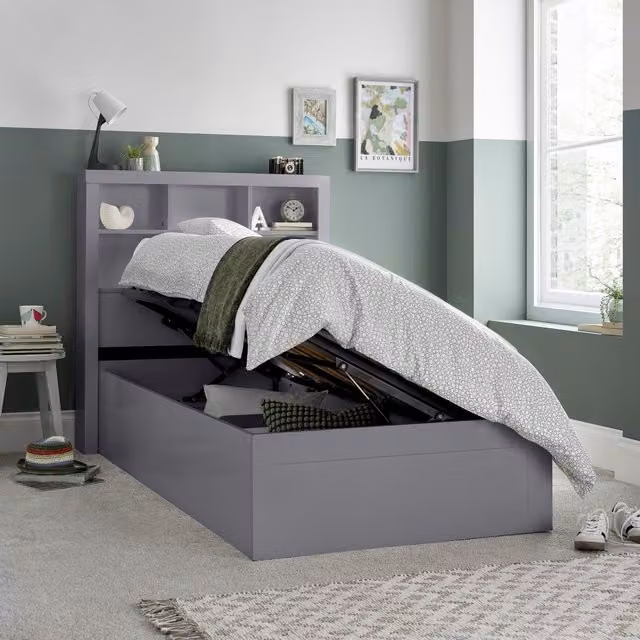 Bedmaster Oscar Grey Wooden Single Ottoman Storage Bed with Bookcase and Lift-Up Base, White