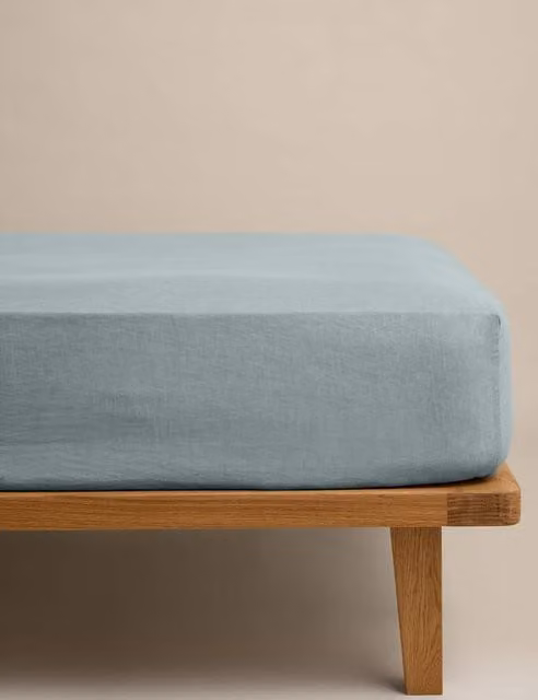 M&S Pure Linen Deep Fitted Sheet in Seafoam Green/Blue, W/D/H: 180 x 200 cm