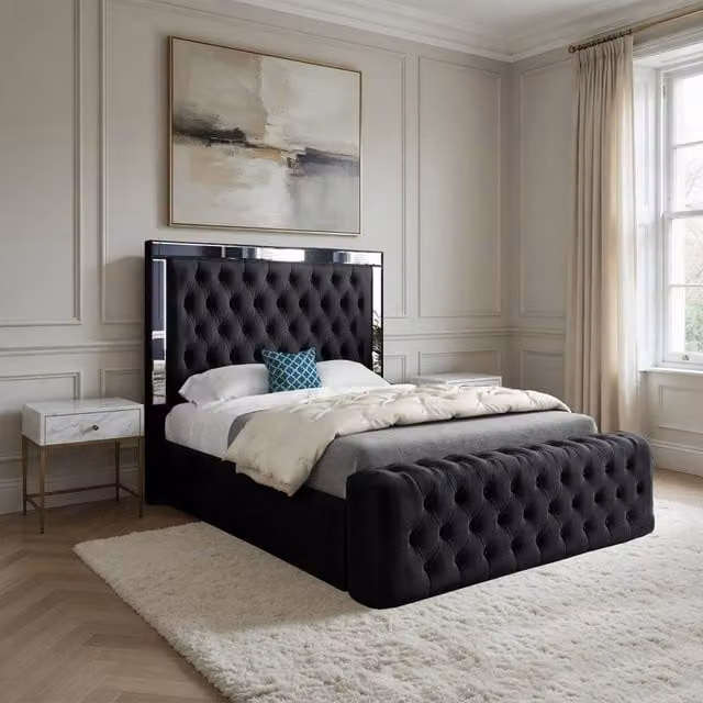 Casani Zennor Mirror Upholstered Designer Bed Frame in Black Velvet, Size: 180 x 200 cm