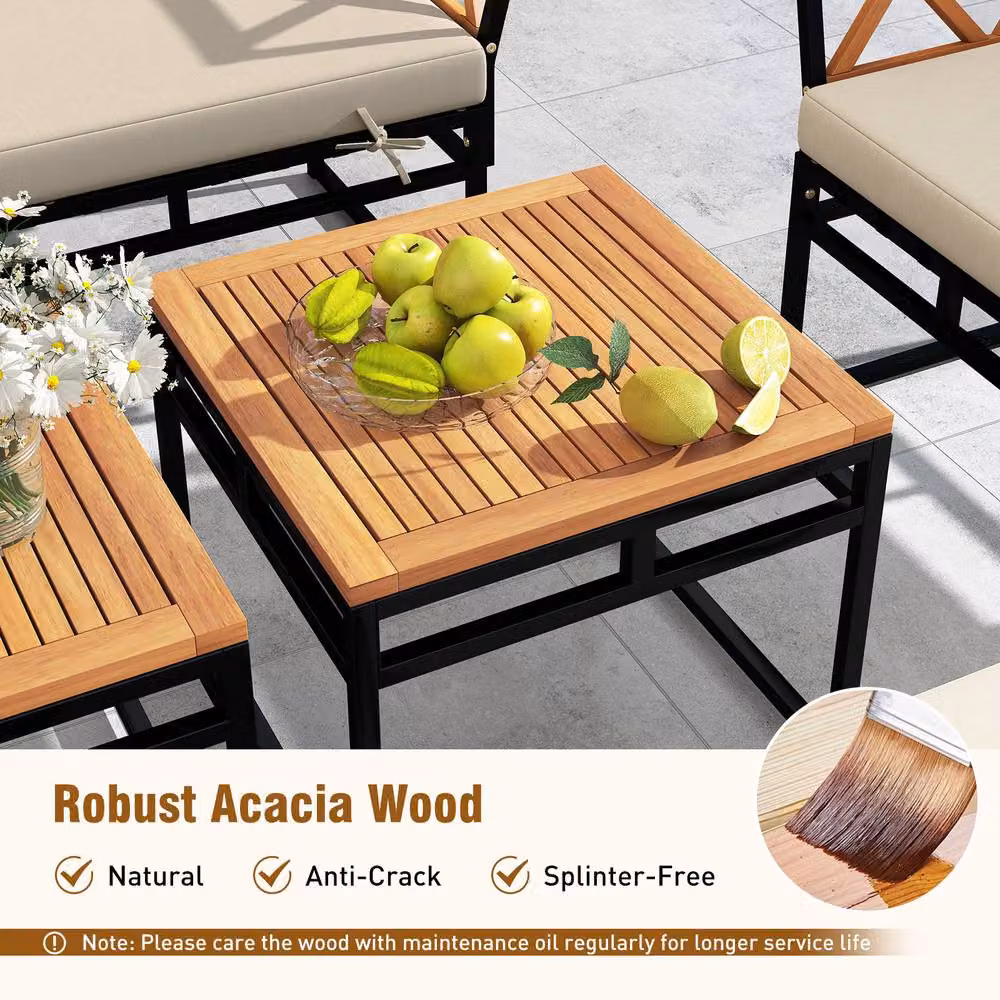 Costway 7 Piece L-Shape Outdoor Conversation Set with Metal Frame and Beige Upholstered Cushions – 8