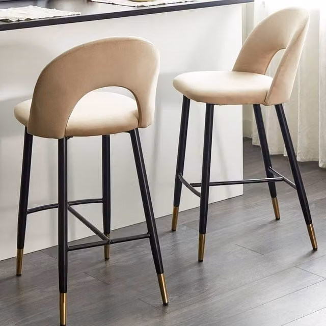 Wyld and Coco Set of 2 Beige Velvet Bar Chairs with Gold-Tone Steel Legs – 1