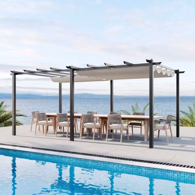 Livingandhome Modern Aluminium Outdoor Pergola with Retractable Roof, Beige
