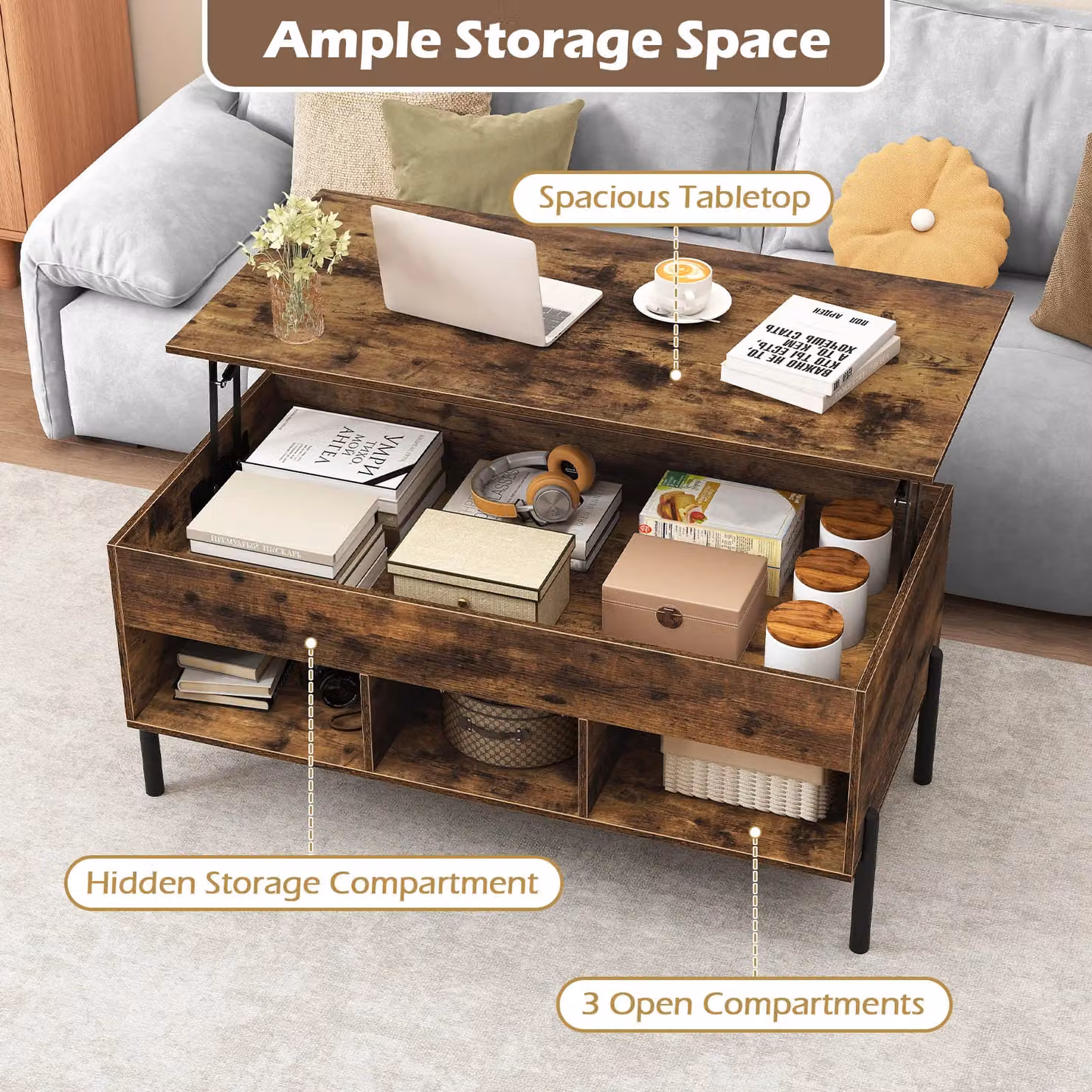 Gymax Modern Brown Lift-top Coffee Table with Metal Legs and MDF Laminate Finish – 4