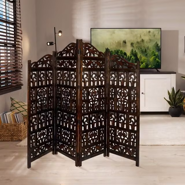Topfurnishing Gamla 4 Panel Heavy Carved Wooden Room Divider Screen in Brown and Dark Brown with Floral Oriental Design