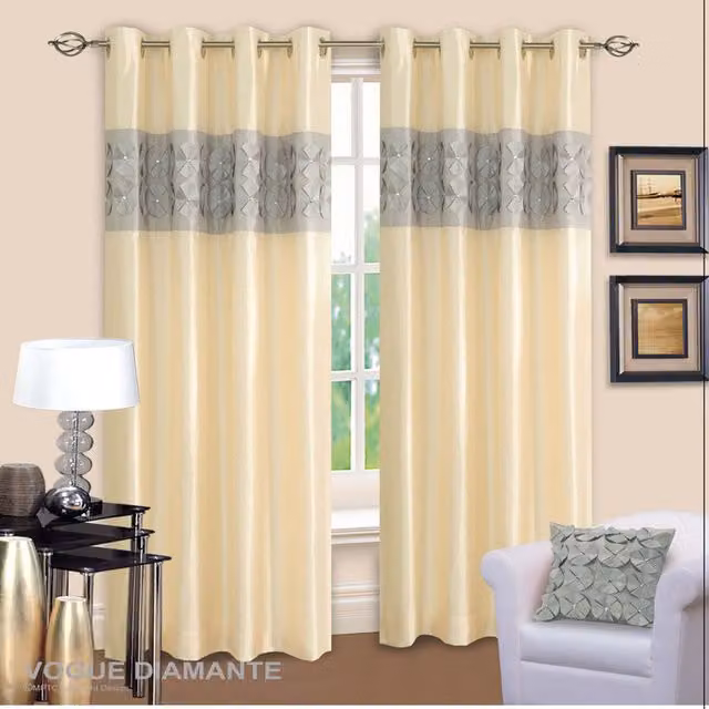 Intimates Silver and Grey 3D Floral Pattern Eyelet Curtain Pair with Diamante Studs, Height: 228.6 cm