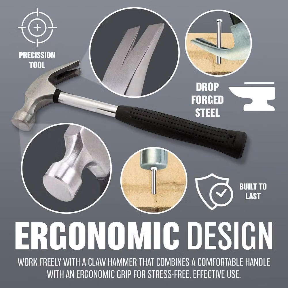 BARGAINS-GALORE 16oz Heavy Duty Claw Hammer with Steel Shaft and Non-Slip Black Rubber Grip – 3