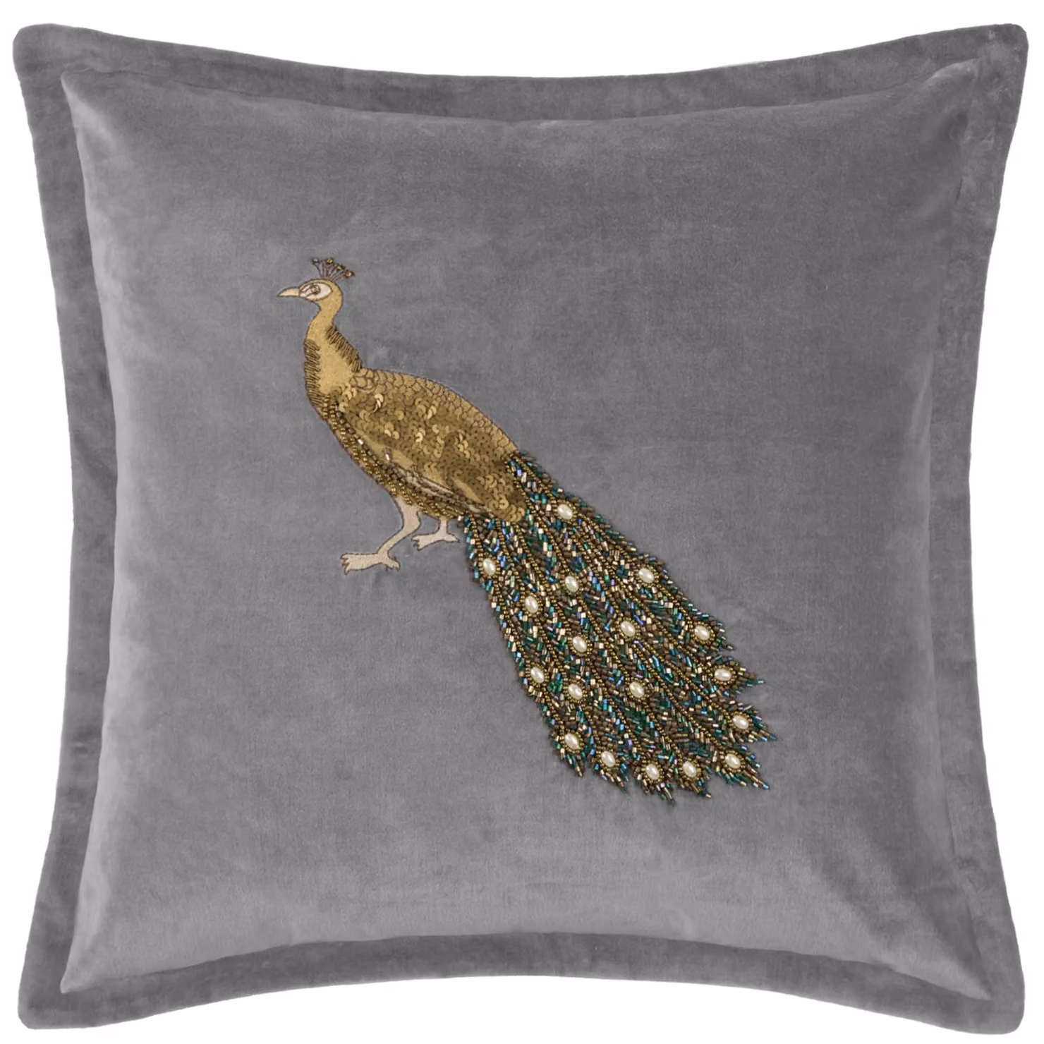 Voyage Maison Mayura Feather Filled Velvet Cushion with Peacock Design in Grey and Blue, W/D/H: 55 x 55 x 55 cm – 3