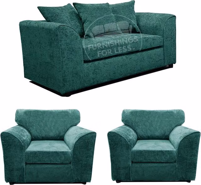 Furnishings For Less UK Monaco Chenille Fabric 3 Piece Sofa Suite in Teal Blue Petrol featuring a 2 Seater Sofa and 2 Armchairs