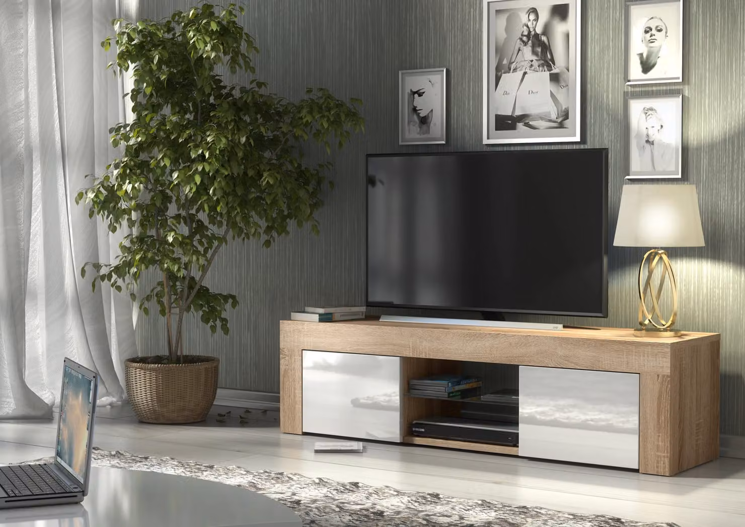 Creative Furniture Modern TV Unit in Oak with High Gloss White Doors, W: 130 cm, D: 35 cm, H: 35 cm – 2