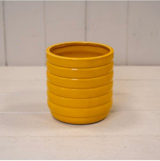 KDMD Mustard Beehive Ceramic Pot in Yellow with Rustic Round Design