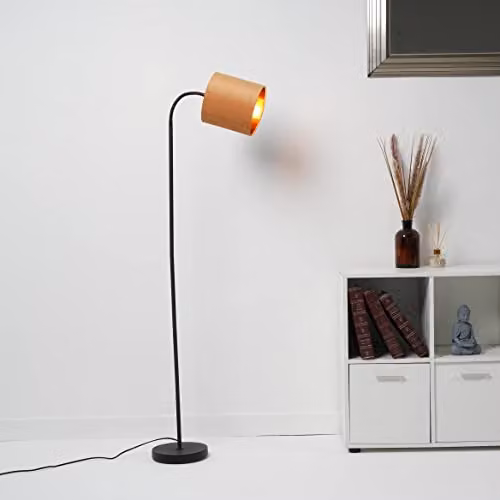K LIVING Hove Metal Floor Lamp with Ochre Fabric Shade and Copper Lining, Height: 170 cm