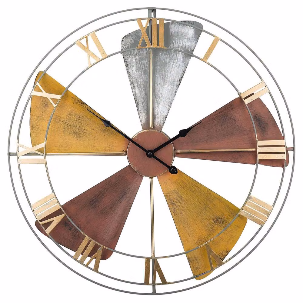 Wyld and Coco Avante Round Analog Wall Clock in Multicolour Distressed Metal with Gold and Silver Accents, Diameter: 60 cm – 2