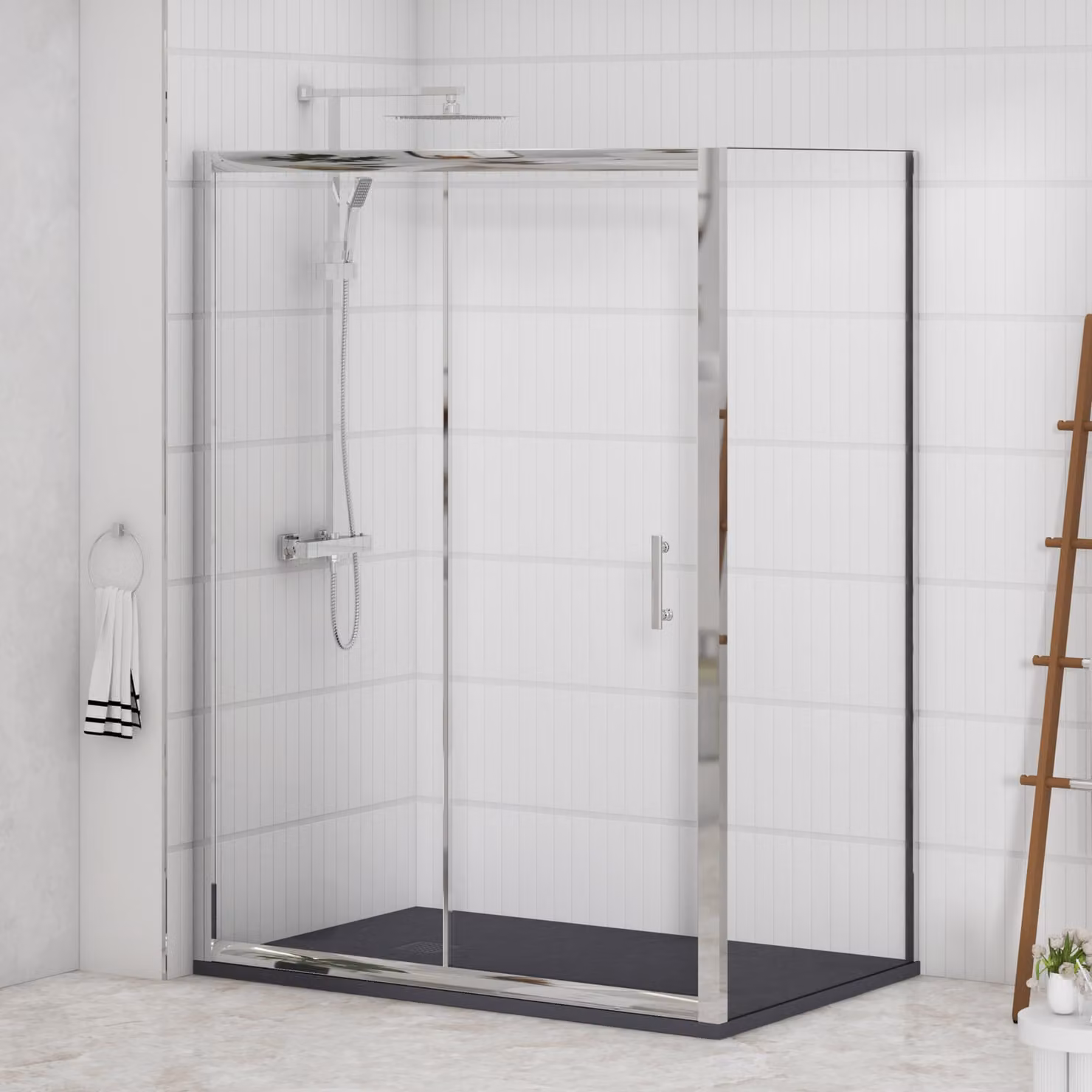 Royal Bathrooms Grand Sliding Door Shower Enclosure with Side Panel and Grey Slate Effect Mineral Cast Stone Shower Tray, W: 100 cm, D: 70 cm, H: 185 cm, 6mm Glass