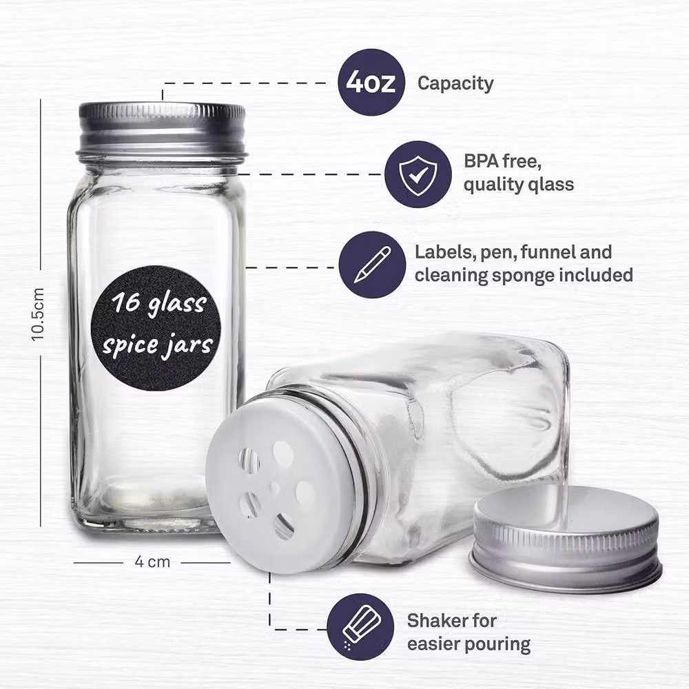Volila 16-Pack Clear Glass Spice Jar Set with Lids, Labels and Funnel, 120ml per Jar – 2