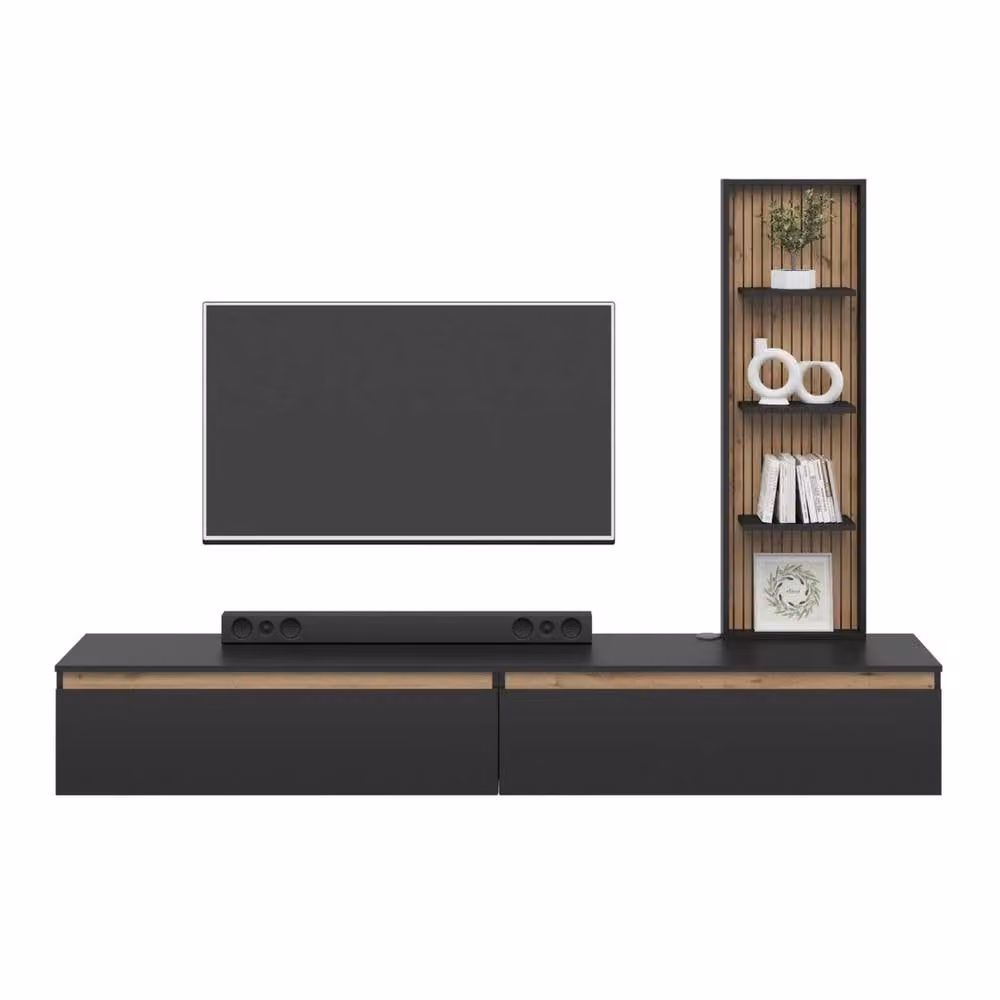Heze Furniture Raven Oak Slat Detail Modern TV Media Unit with Wall Shelf, Black and Oak, Width: 230 cm – 3