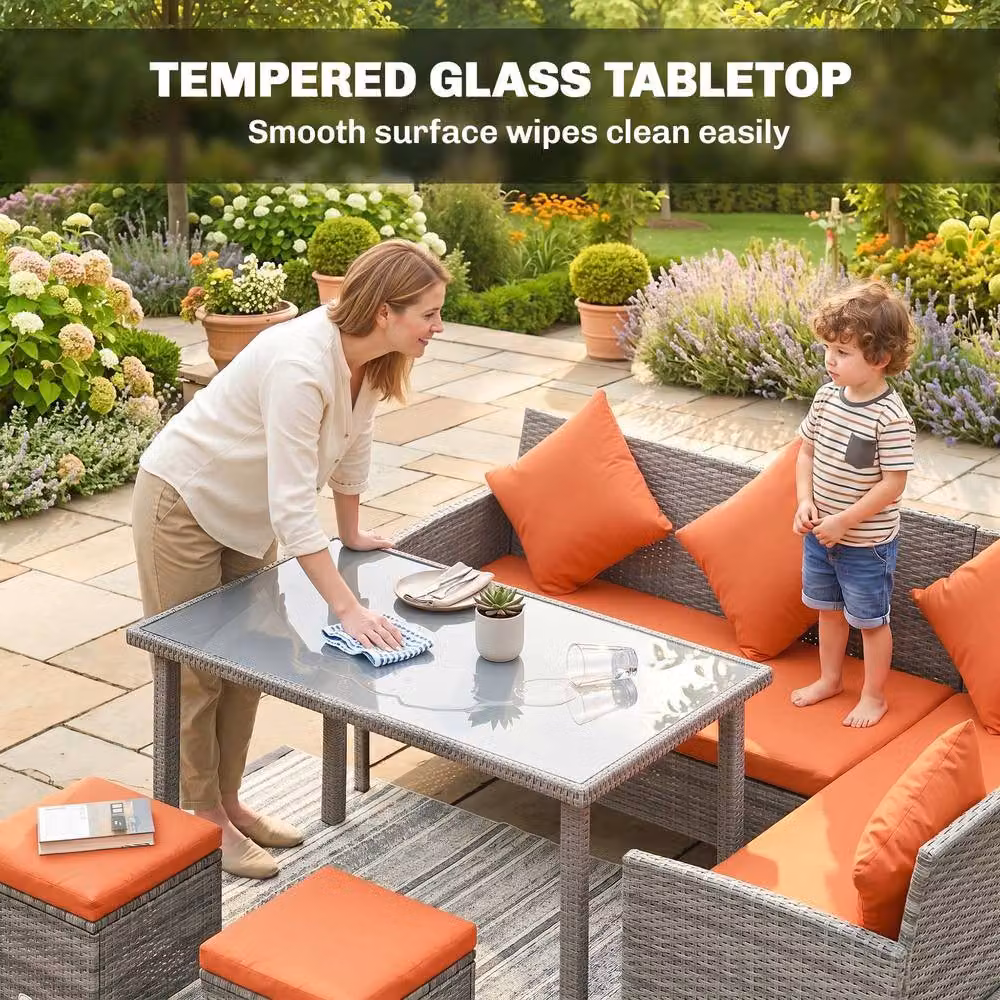 STILVORA 5-Piece Modern Garden Dining Set with Orange Polyrattan and Glass Table – 5