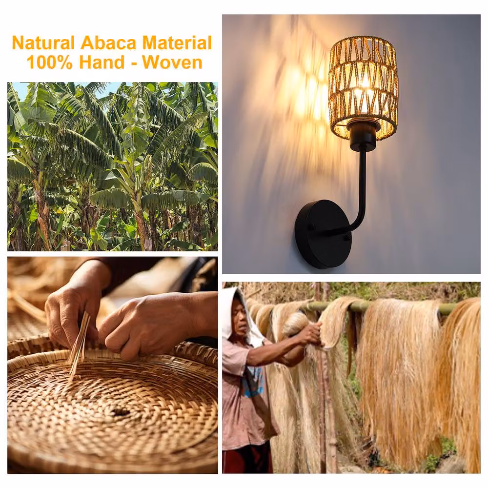 NIVOR Set of 2 Farmhouse Woven Rattan Dimmable Armed Sconce Wall Lights in Brown – 5