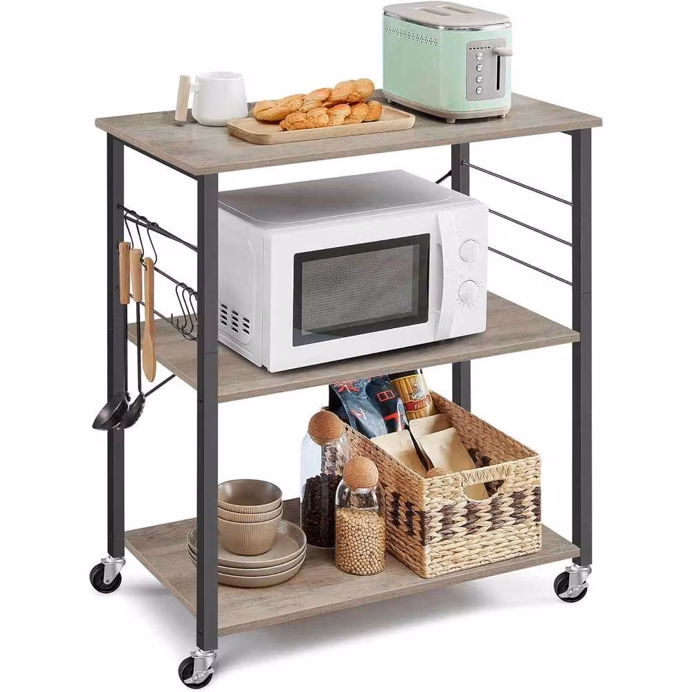 The Bazaarist Rolling Kitchen Microwave Rack with 3 Shelves and Hooks, Grey – 2