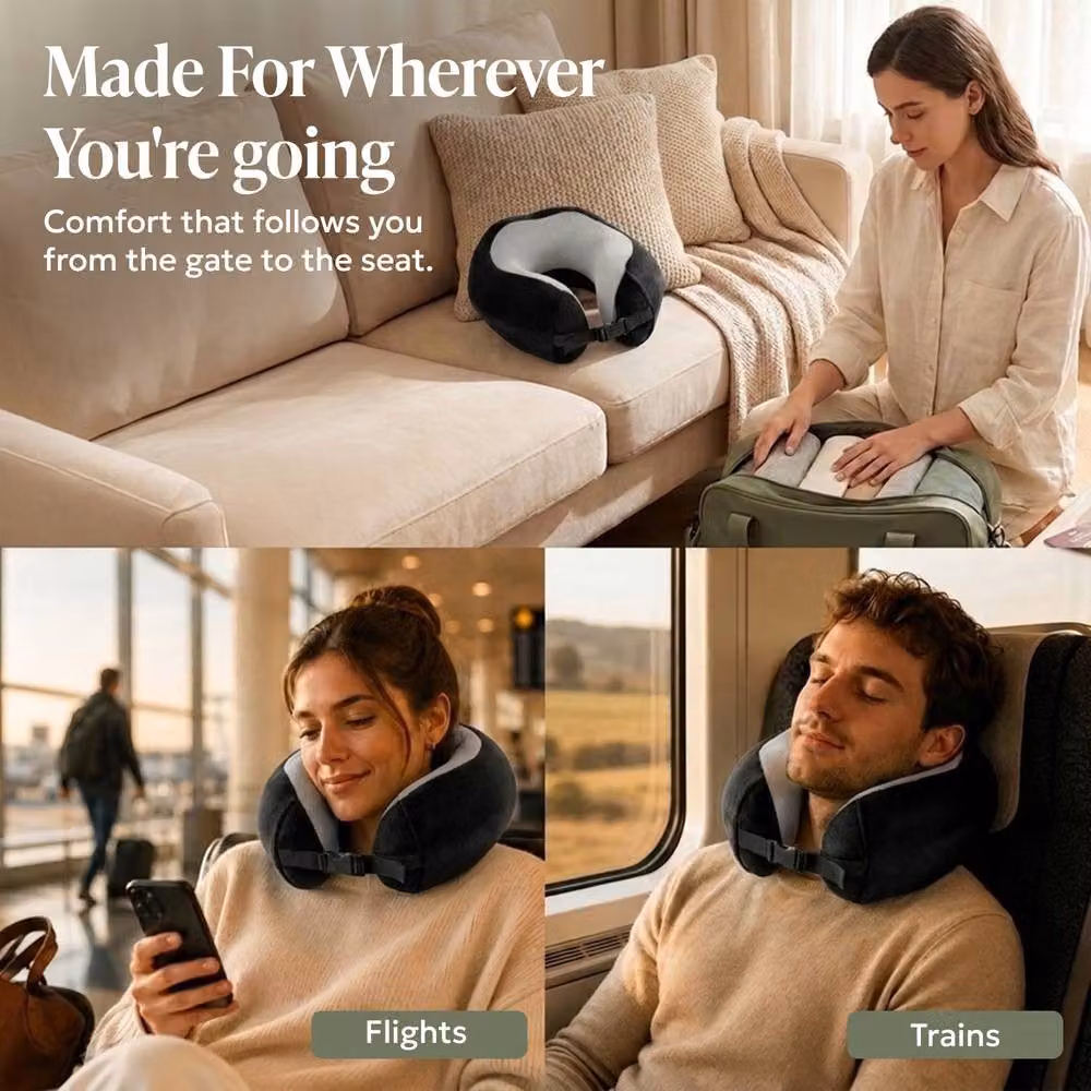 Lugg Black U-Shaped Memory Foam Travel Neck Pillow with Breathable Cooling Removable Polyester Cover – 5