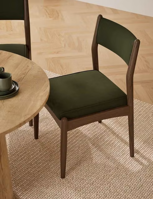 M&S Set of 2 Sherwood Velvet Dining Chairs in Green with Oak and Birch Wood Legs