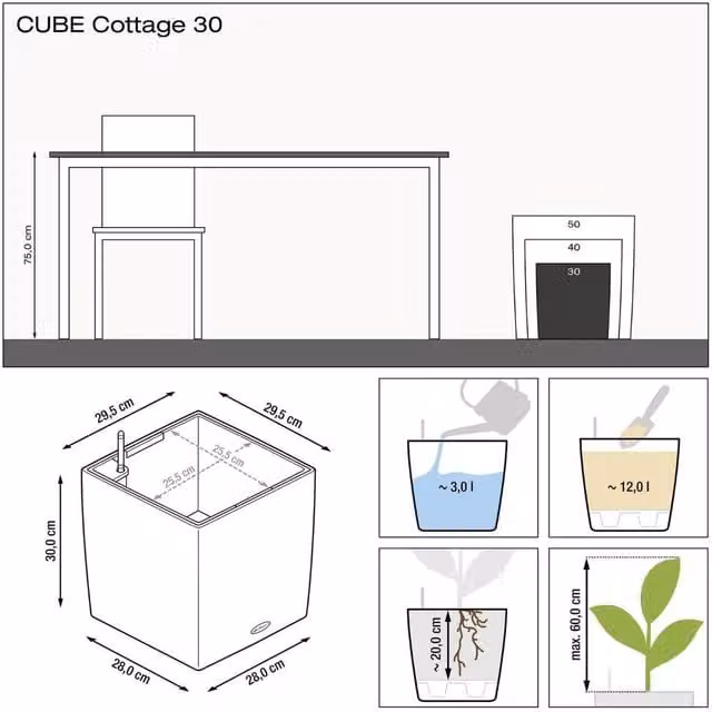 LECHUZA Cube Cottage Square Self-Watering Planter, Brown, W/D/H: 29.5 x 30.0 x 29.5 cm