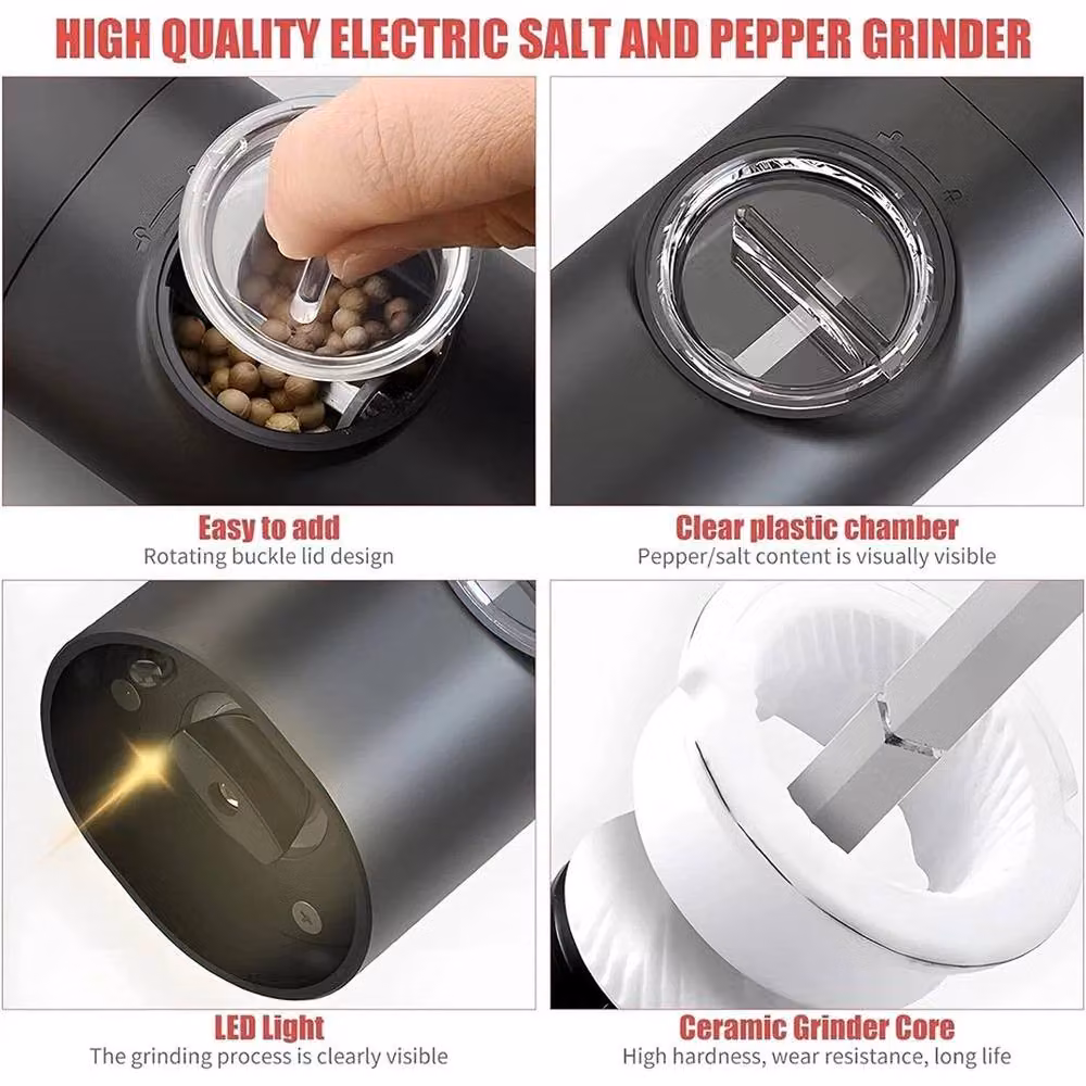 FLAVORA 2 Pack Electric Salt and Pepper Grinders with LED in Black – 4