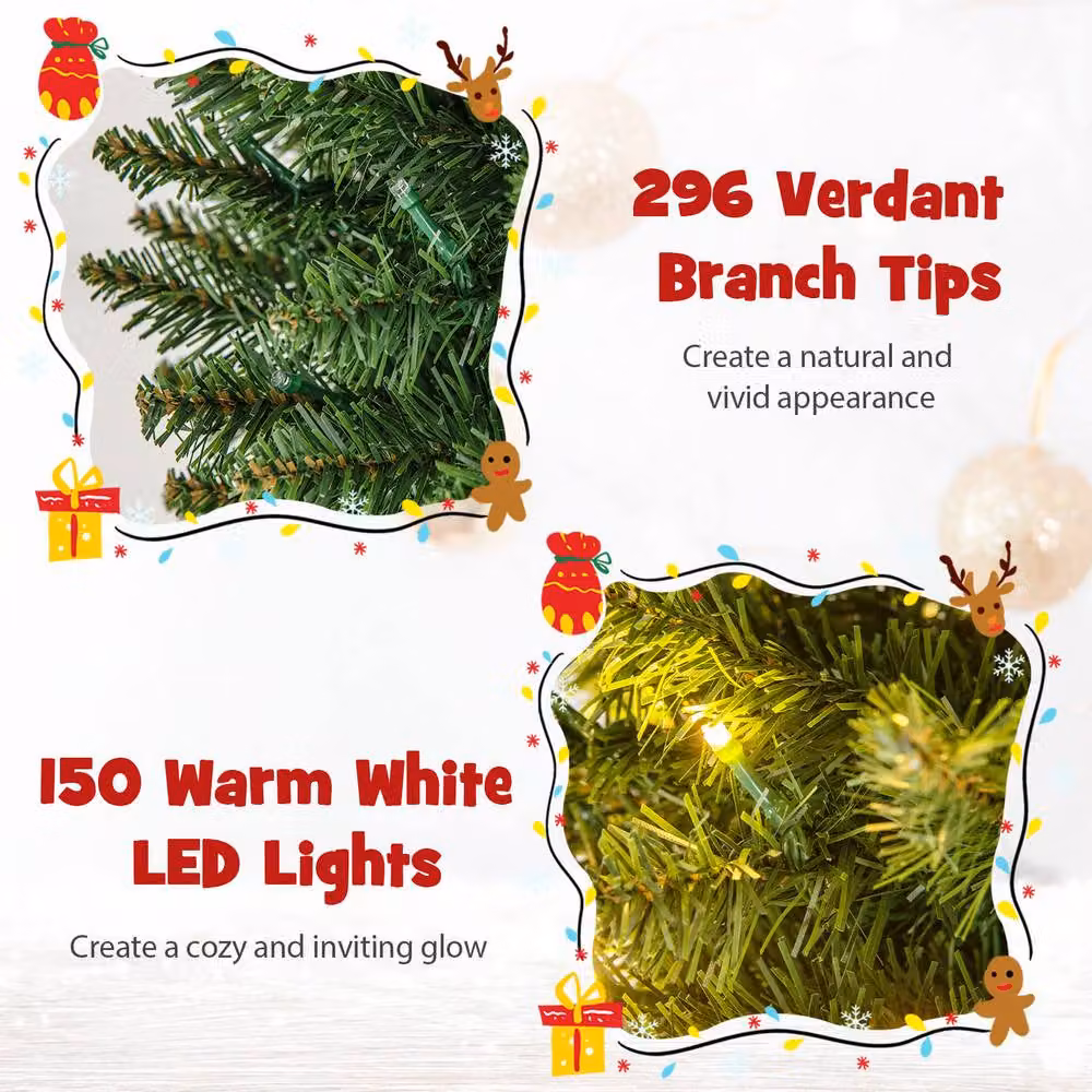 Costway 5 FT Pre-lit Artificial Christmas Tree with 296 Branch Tips in Green – 4