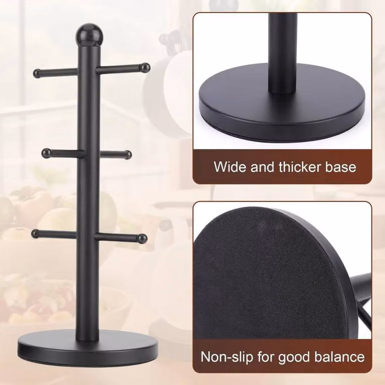 SPETLEK Black Metal Freestanding Mug Tree and Cup Stand with Kitchen Towel Holder
