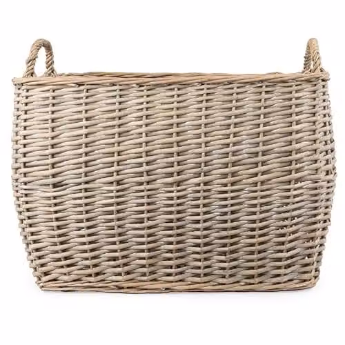 Madison & Mayfair Rectangular Open Weave Rattan Log Basket in Grey and Beige, W/D/H: 44.0 x 28.5 x 37.0 cm