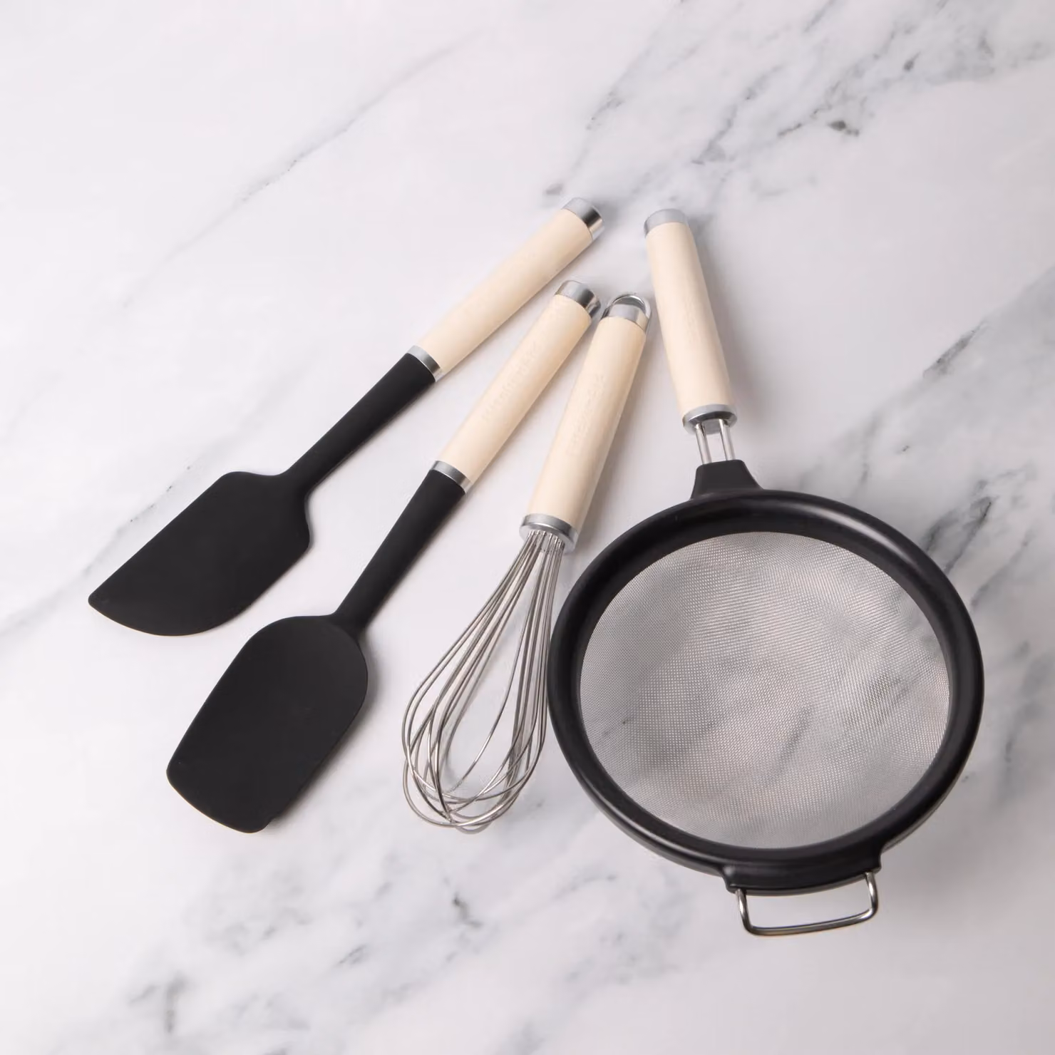 KitchenAid 4-Piece Silicone Cooking Utensil Set in Almond Cream, including Wire Whisk, Strainer, Spoon Spatula and Scraper Spatula – 2