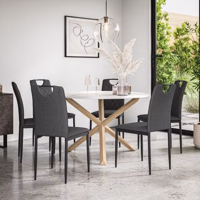 More4Homes Malvern Round Dining Table and 6 Monza Fabric Chairs Set, Marble Top with Solid Oak Legs, Charcoal