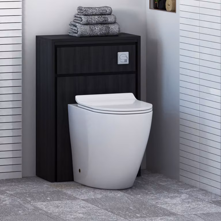 Livora Black Woodgrain Wall Mounted WC Unit with Elva Rimless Short Projection Ceramic Toilet Pan, Slim Soft Close Seat and Cistern, Width: 55.5 cm