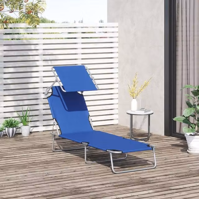 Outsunny Foldable Reclining Sun Lounger with Adjustable Sun Canopy in Blue