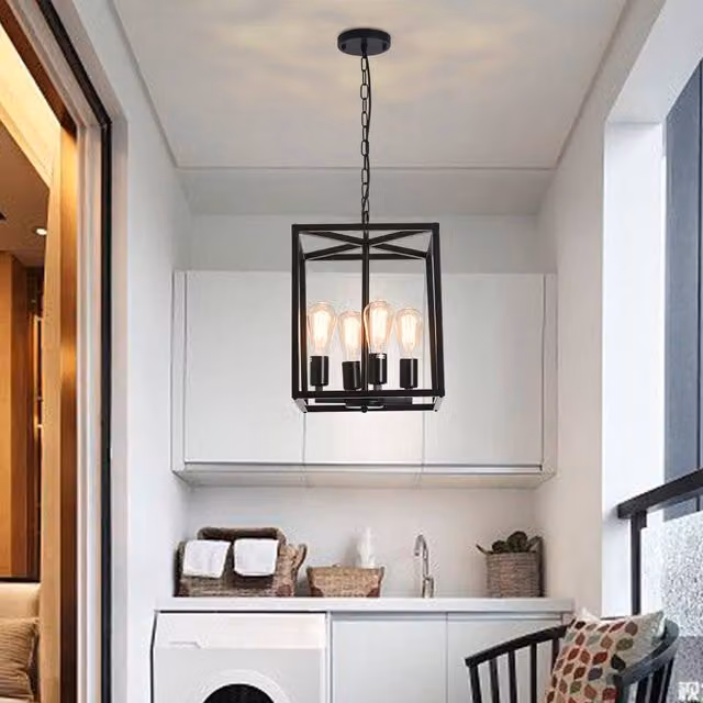 NIVOR 4-Light Industrial Metal Cage Lantern Pendant Light in Black