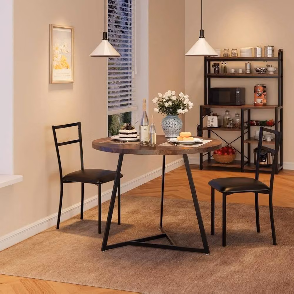 VOGREX 3 Piece Round Space Saving Dining Set with Table and Chairs in Brown Wood – 3
