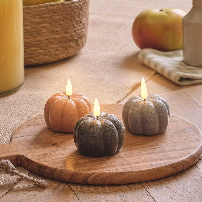 TruGlow® Set of 3 Mini Distressed Pumpkin LED Candles in Orange with Remote Control, Timer and Flicker Effect