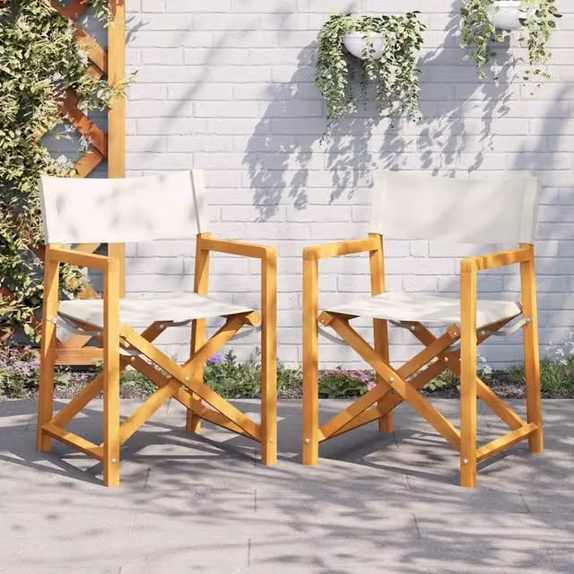 Berkfield Home Set of 2 Folding Acacia Wood Director Chairs in Cream White Fabric