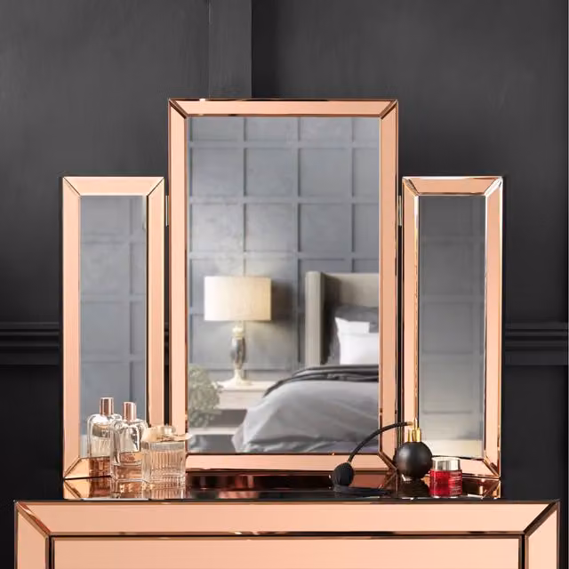 Carme Gold Rectangular Freestanding Classic Tri-Fold Vanity Mirror