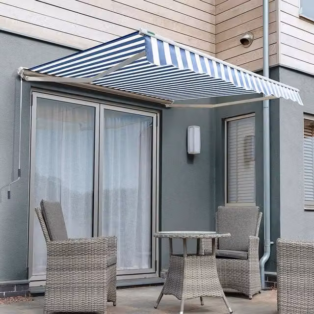 Primrose Semi Cassette Manual Awning in Blue and White Stripe, W: 400 cm, D: 300 cm