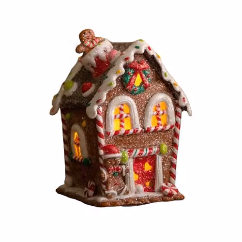 Samuel Alexander White and Multicolour Ceramic Gingerbread Candy Cottage Tabletop Decoration with Warm White LEDs, Height: 14 cm – 2