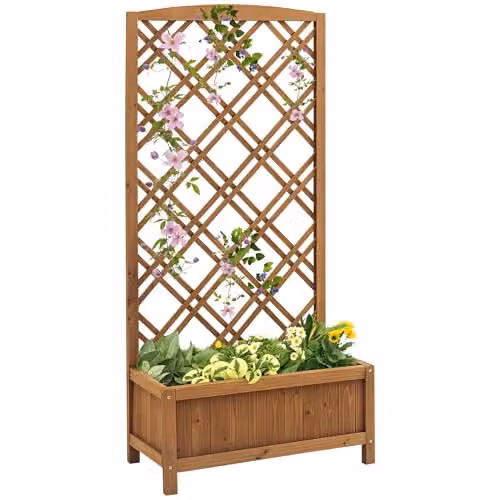 Outsunny Wooden Raised Bed Garden Planter with Trellis, Brown, W: 60 cm, D: 30 cm, H: 122.5 cm