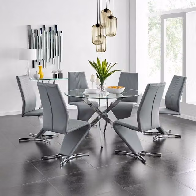 FurnitureboxUK Novara Chrome Metal and Glass Round Dining Table with 6 Willow Grey Chairs, Diameter: 120 cm