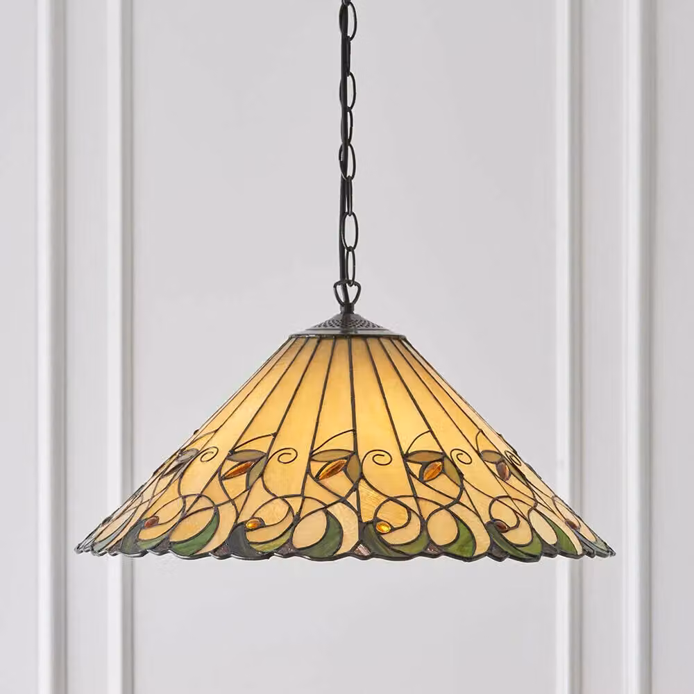 Loops Tiffany Glass Hanging Ceiling Pendant Light in Bronze and Amber with Transparent Floral Shade – 2