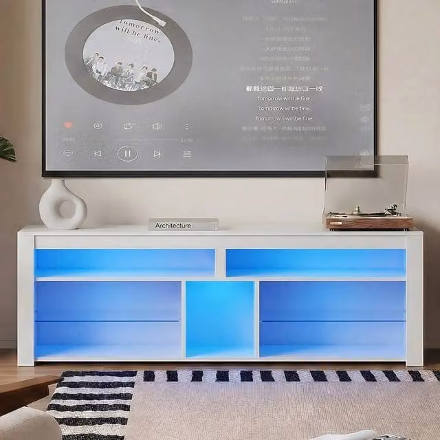 KORVIXA LED Tall Entertainment Center and Media TV Stand for 55 inch Screens in White, W/D/H: 100 x 100 x 100 cm