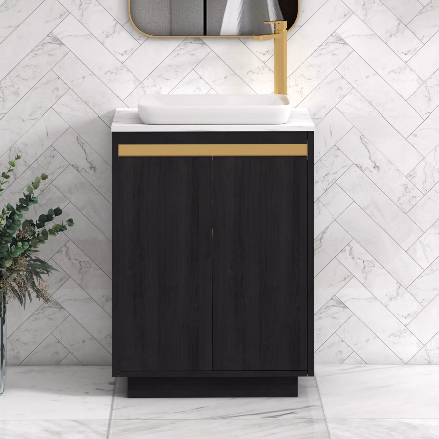 Royal Bathrooms Orion 600mm Hale Black Floor Standing 2 Door Vanity Unit with Carrara White Qubix Basin and Brushed Brass Accent Trim