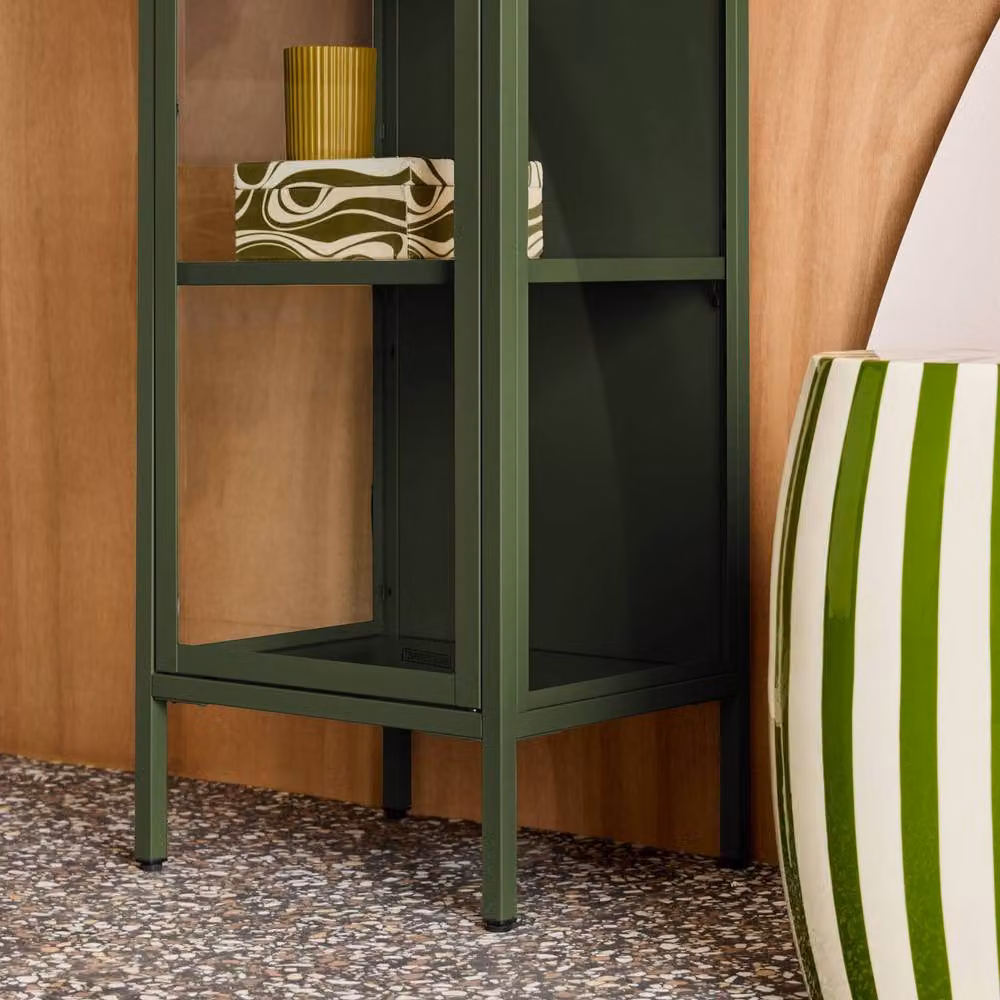 sweeek Industrial Green Steel and Tempered Glass Sideboard Display Cabinet with Glass Doors, H 160 x W 40 x D 35 cm – 4