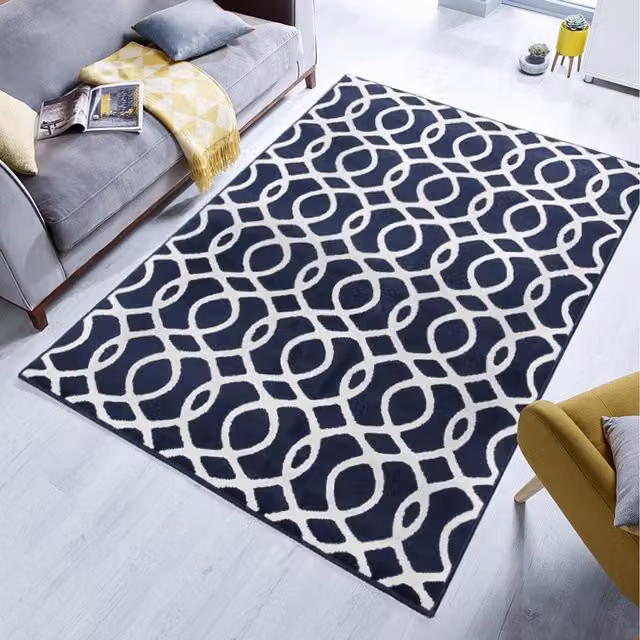 The Rug House Modern Geometric Trellis Living Room Rug in Blue and White, W: 110 cm, D: 60 cm