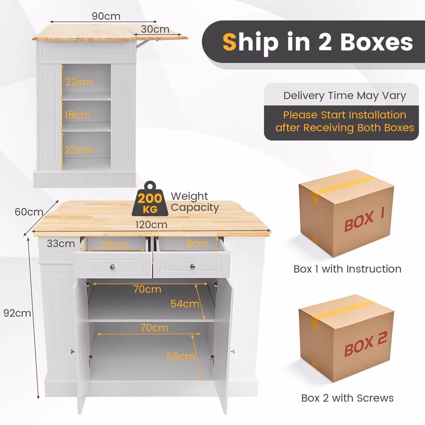 Gymax Kitchen Island Storage Cupboard with Drop Leaf Countertop and 2-Door Rubberwood Cabinet in White – 2
