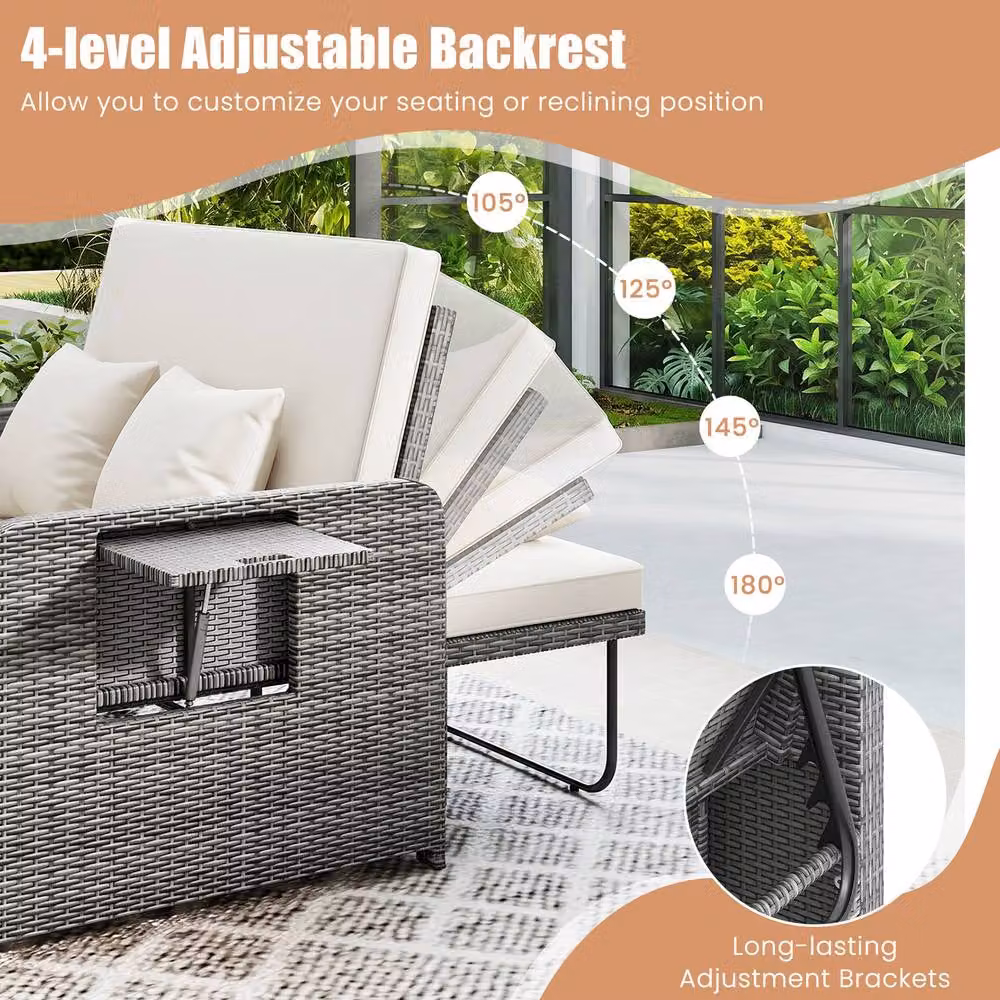 Costway 2-Piece Grey PE Wicker Daybed and Patio Rattan Furniture Set with 4-Level Backrest – 3